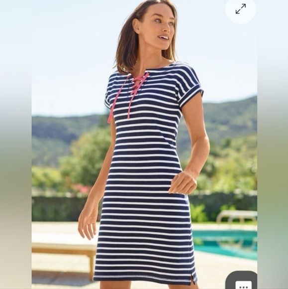 T by Talbots Terry Dress Black White Stripe Pink Lace Up Front Women's Size XS - Picture 3 of 7